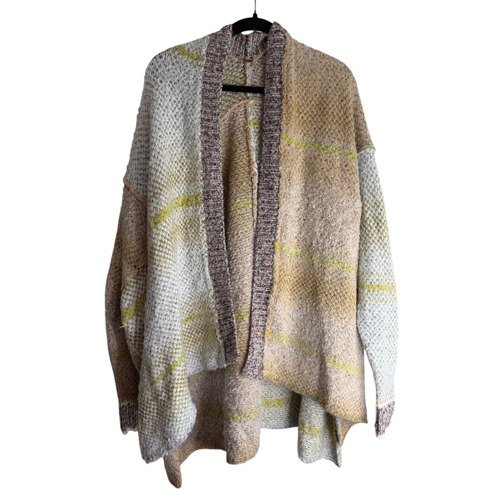 Free People Oversized Patchwork Knit Cardigan Sweater Tan Mauve Open Front